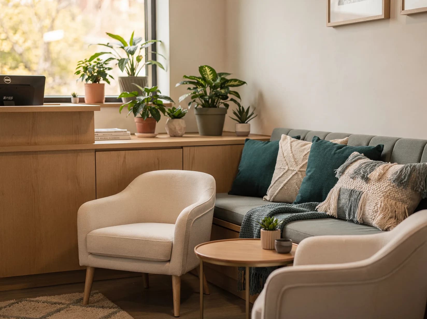 Warm, welcoming dental clinic waiting nook with soft seating, teal cushions and houseplants in natural light