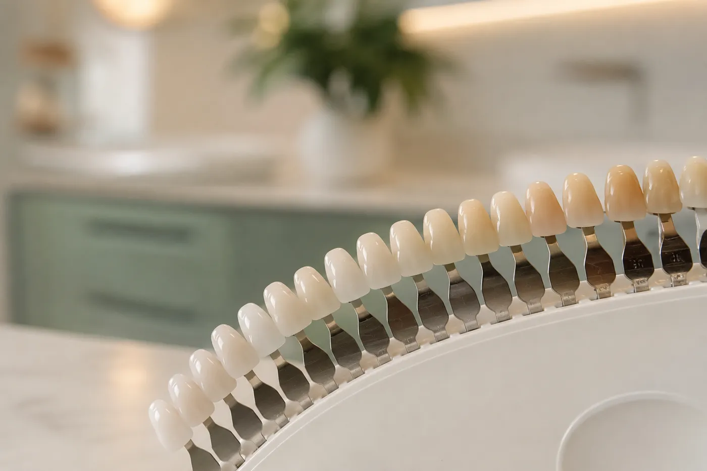 A dental shade guide showing natural tooth-colour samples