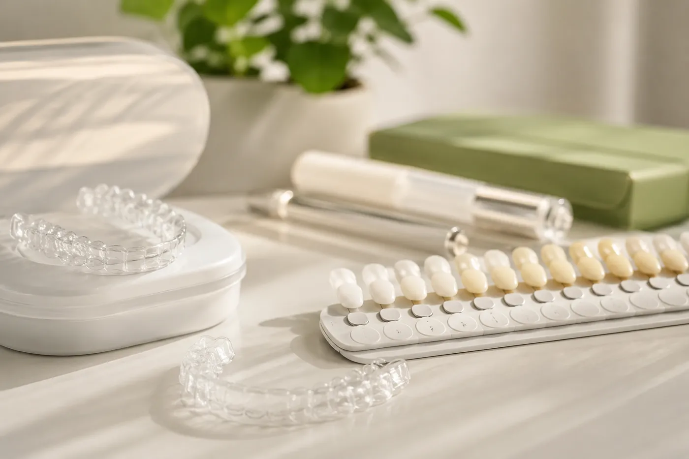 A professional teeth-whitening kit with trays and a shade guide