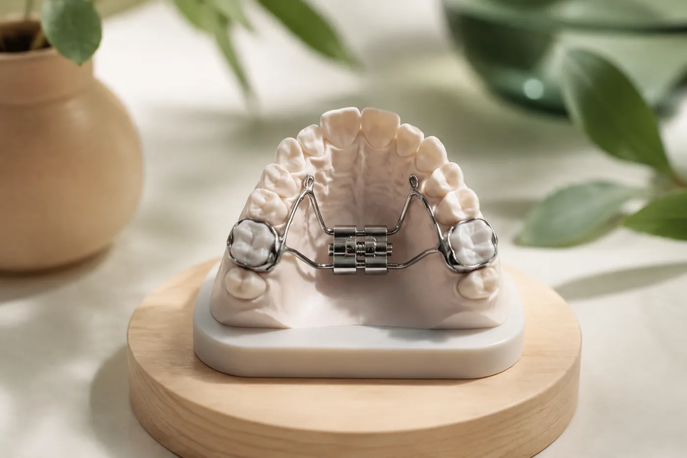A palatal expander appliance on a dental model, used in early-intervention orthodontics