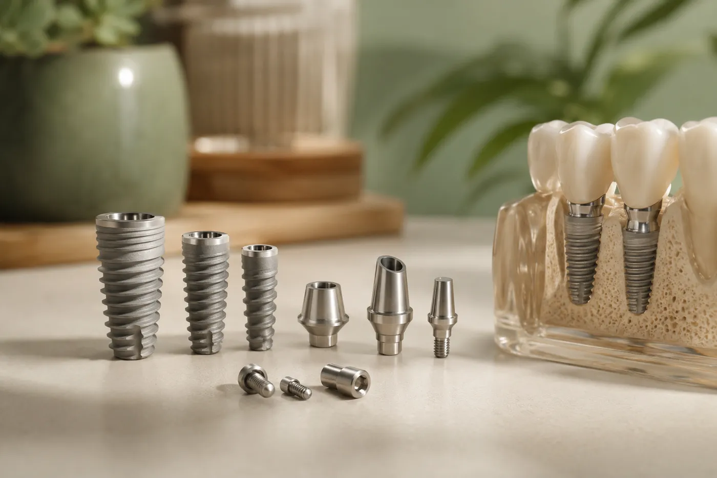 Titanium dental implant components at Clarkson Village Dental, where implants and full-mouth reconstruction are planned and placed in-house