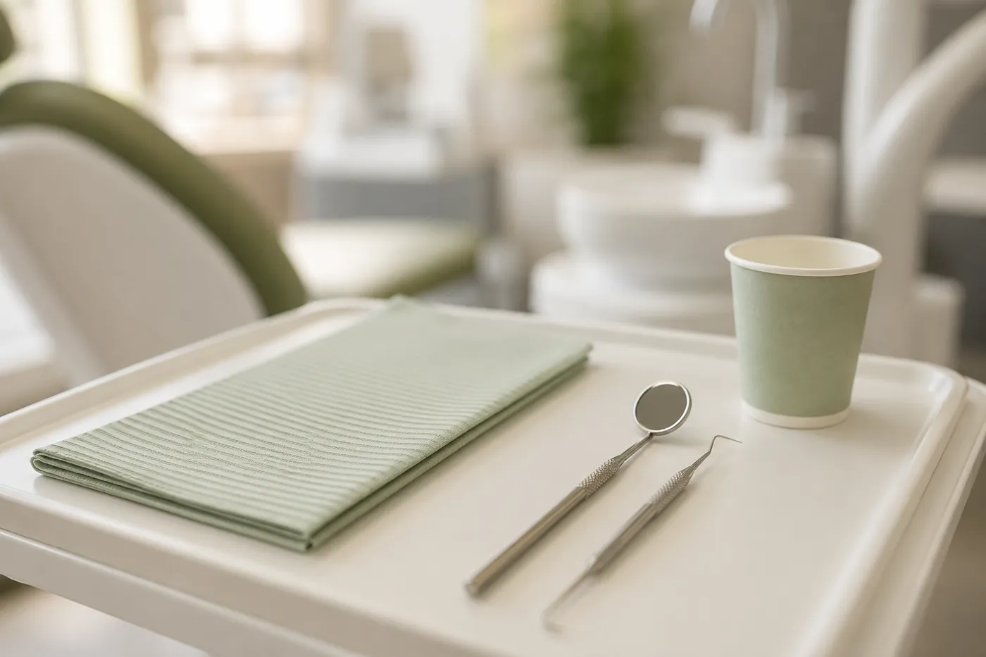 A dental hygiene tray with a mirror, scaler, cup, and bib ready for a checkup at Clarkson Village Dental